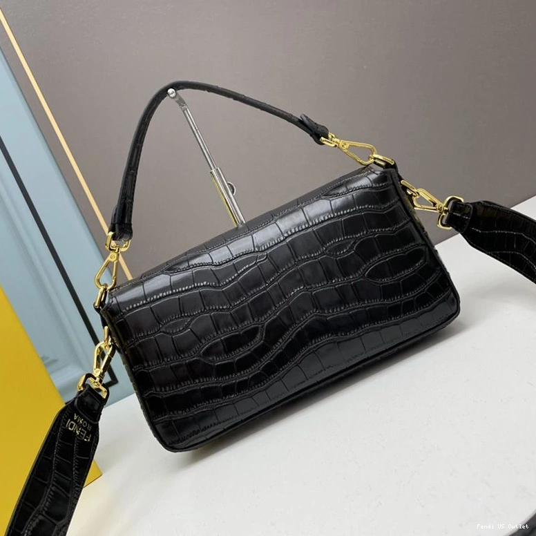 Cheap HOT Fendi Leather Medium Bag Black Crocodile In Baguette 0717